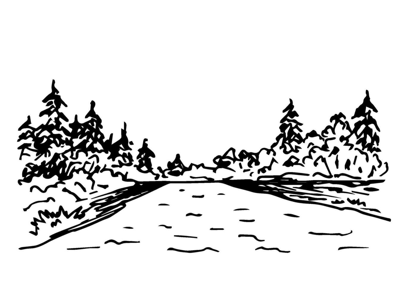 Hand-drawn ink drawing. Wildlife of the northern countries, conifers, spruce, calm river, banks. Landscape, nature, travel. For prints of cards, labels. vector