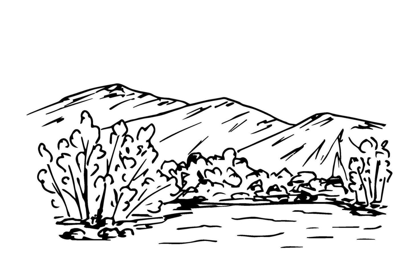 Freehand drawn ink drawing in black outline on a white background. Wildlife, mountains on the horizon, deciduous trees, bushes, calm river, lake shore. Landscape, nature, ecology, travel. vector