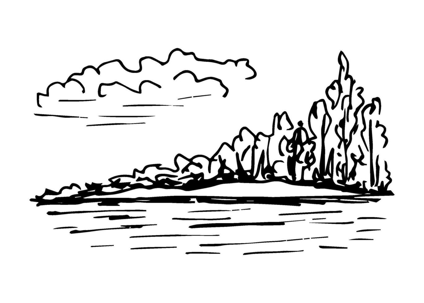 Hand-drawn ink drawing. Wildlife, sky with clouds, deciduous trees, bushes, calm river, lake shore. Landscape, nature, ecology, travel. For prints of cards, labels. vector