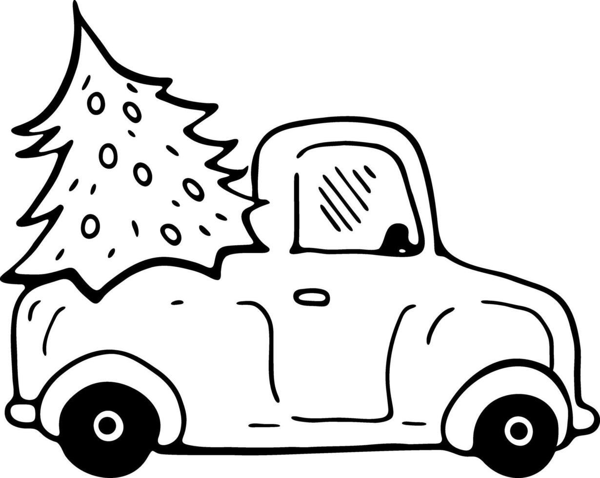 Christmas Truck with Tree. Festive Doodle Illustration vector