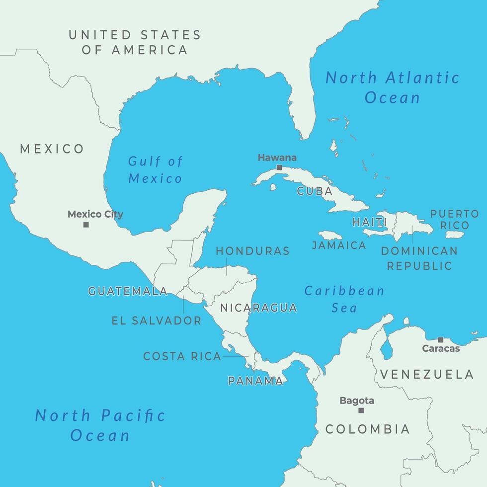 Middle America map with borders and labeling. Countries of southern North America, Central America vector