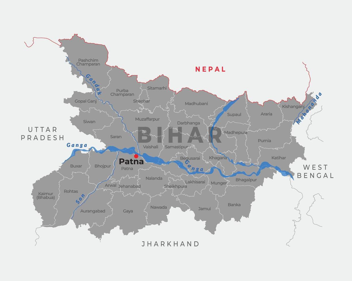 District and River map of Bihar with neighbour state and country vector