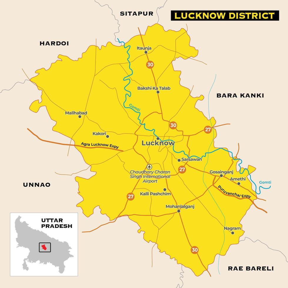 Detailed map of Lucknow, is a city of India, with major roads vector