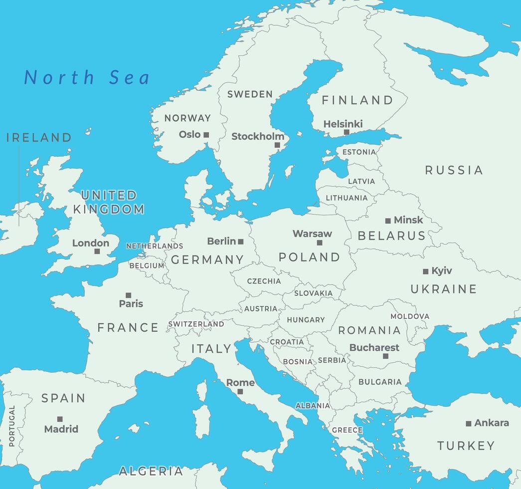 Regions of Europe, political map, with single countries and labeling. vector