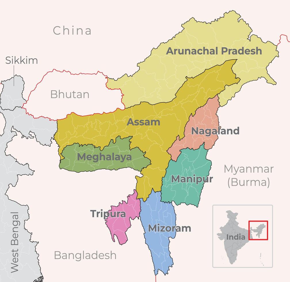Northeast Indian state map, labelled illustration vector