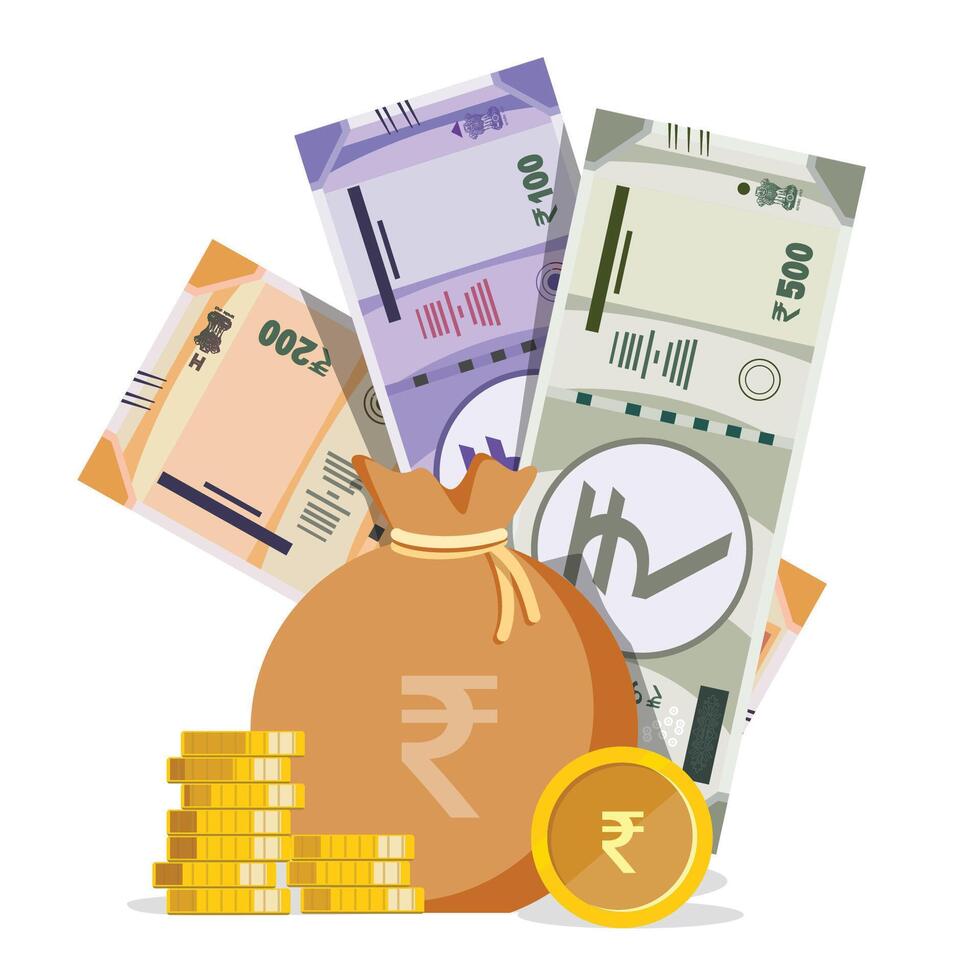Indian rupee note with rupee bag and coins vector