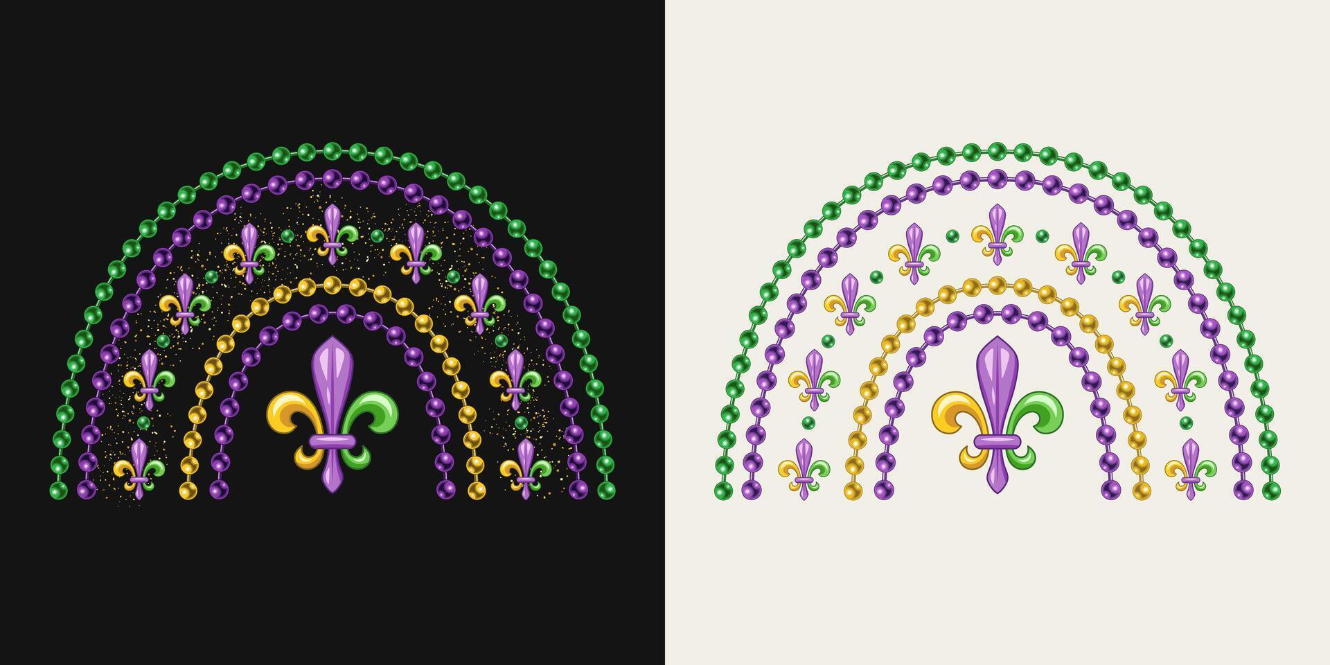 Rainbow made with bead strings, Fleur de Lis sign. Design element for Mardi Gras decoration. vector
