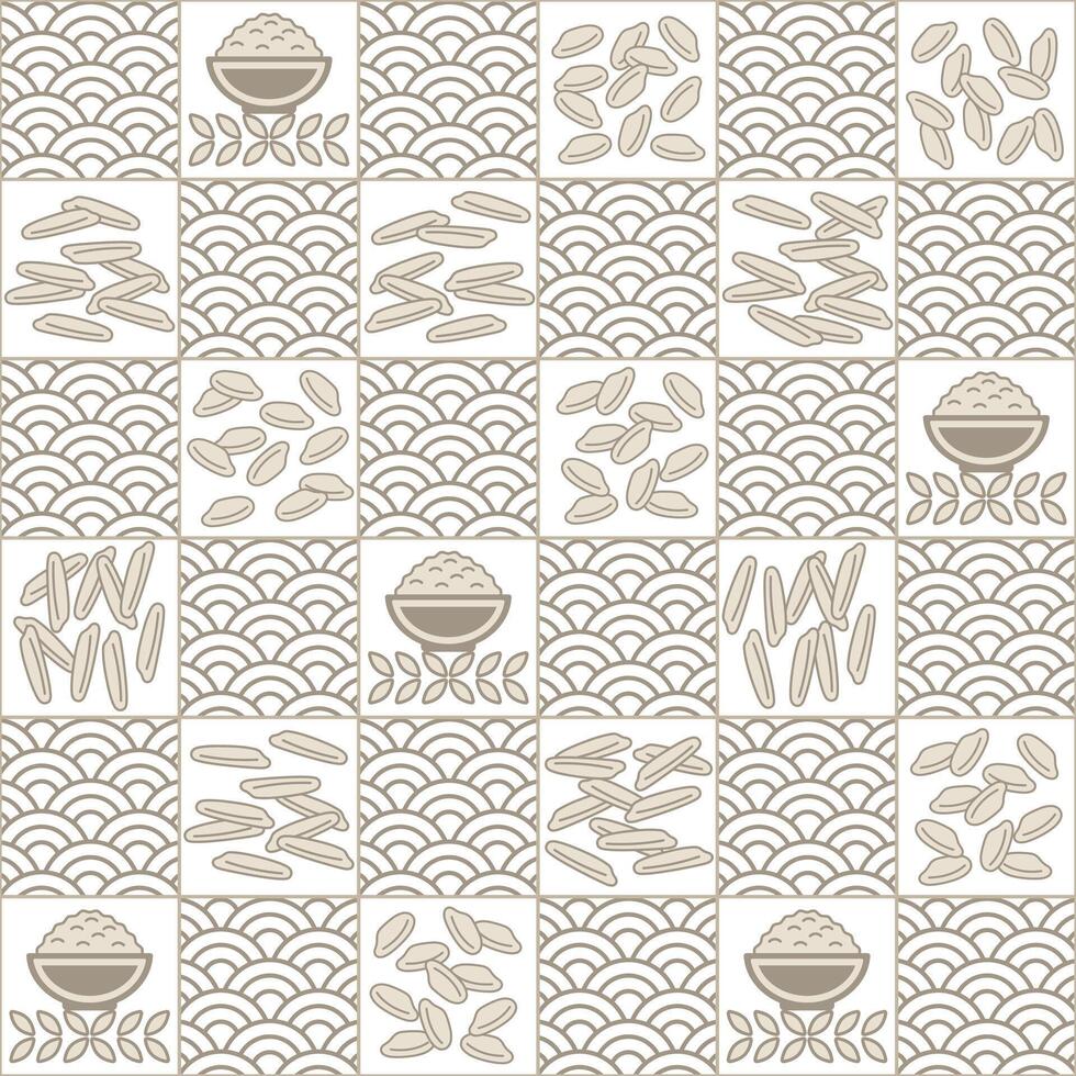 Seamless geometric checkered pattern with icons of traditional white rice, outline fan shaped ornament. Square ornament grid. For branding, food packaging, prints vector