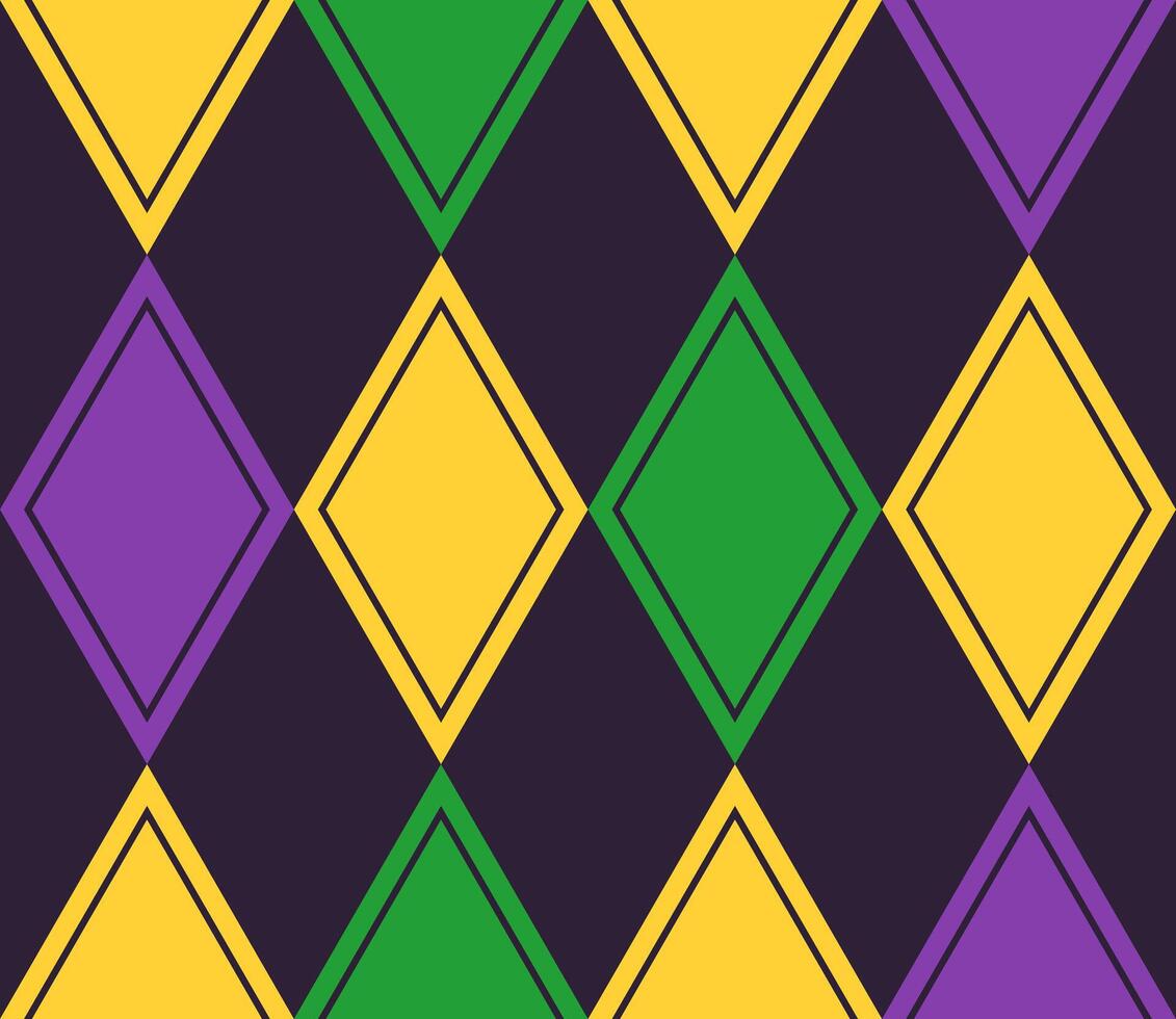 Geometric Mardi Gras pattern with Harlequin ornament. Diagonal rhombus grid. Flat simple style. Vintage style. vector