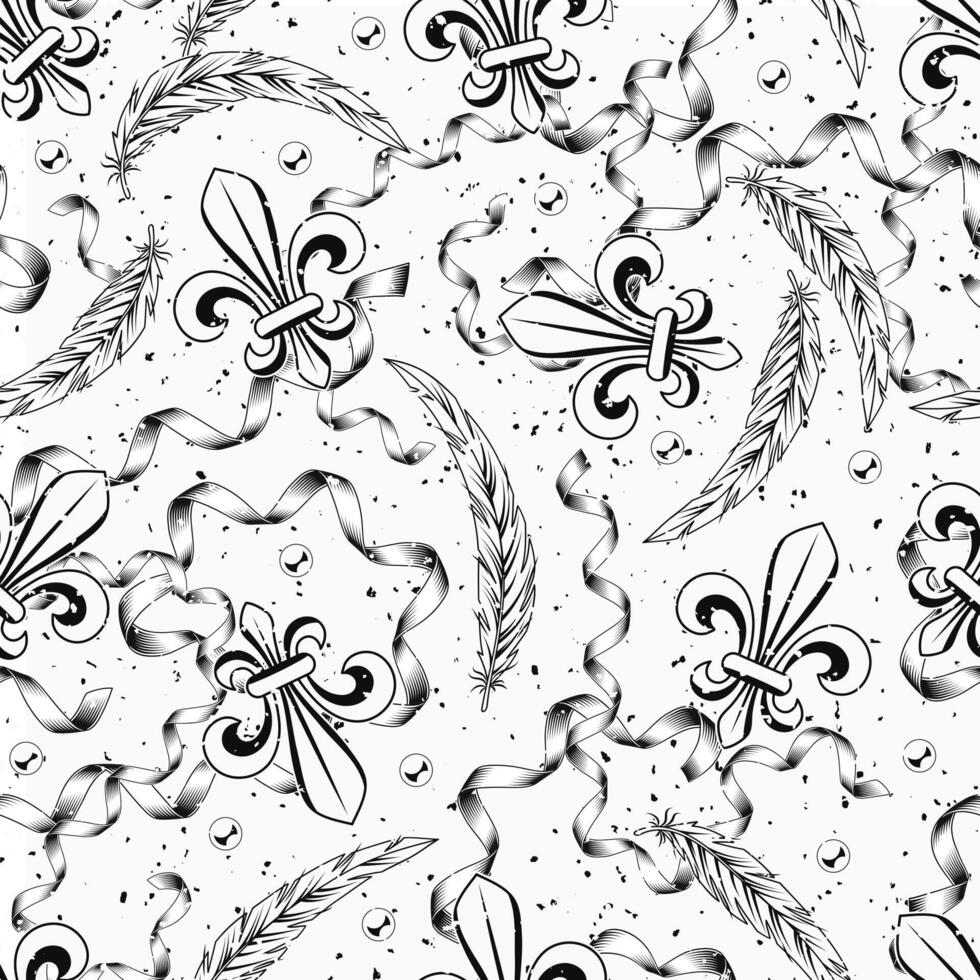 Seamless black and white pattern with fleur de lis, party streamer, ribbons, feathers, beads. Mardi Gras carnival design. Vintage illustration on white textured background. vector