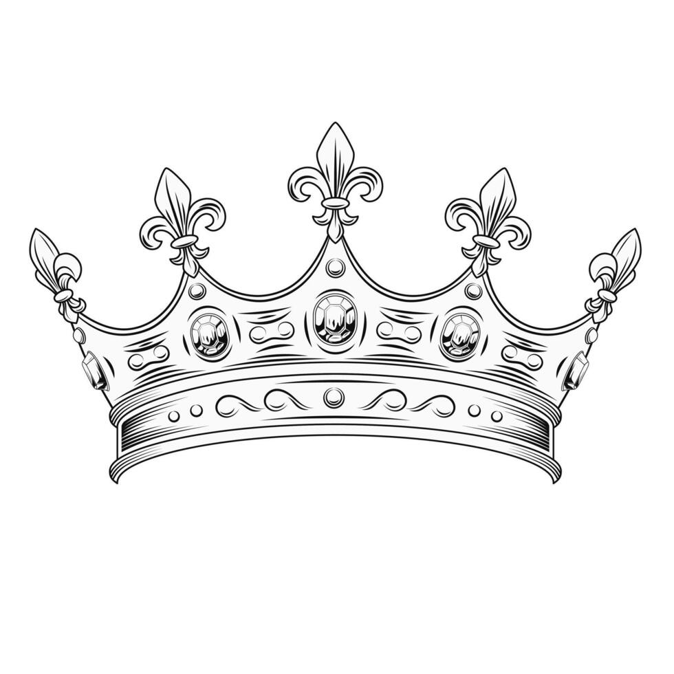 Medieval crown with gemstones, fleur de lis sign on points. Black and white design element is easy to combine with head, any face. Front view. Vintage style. vector