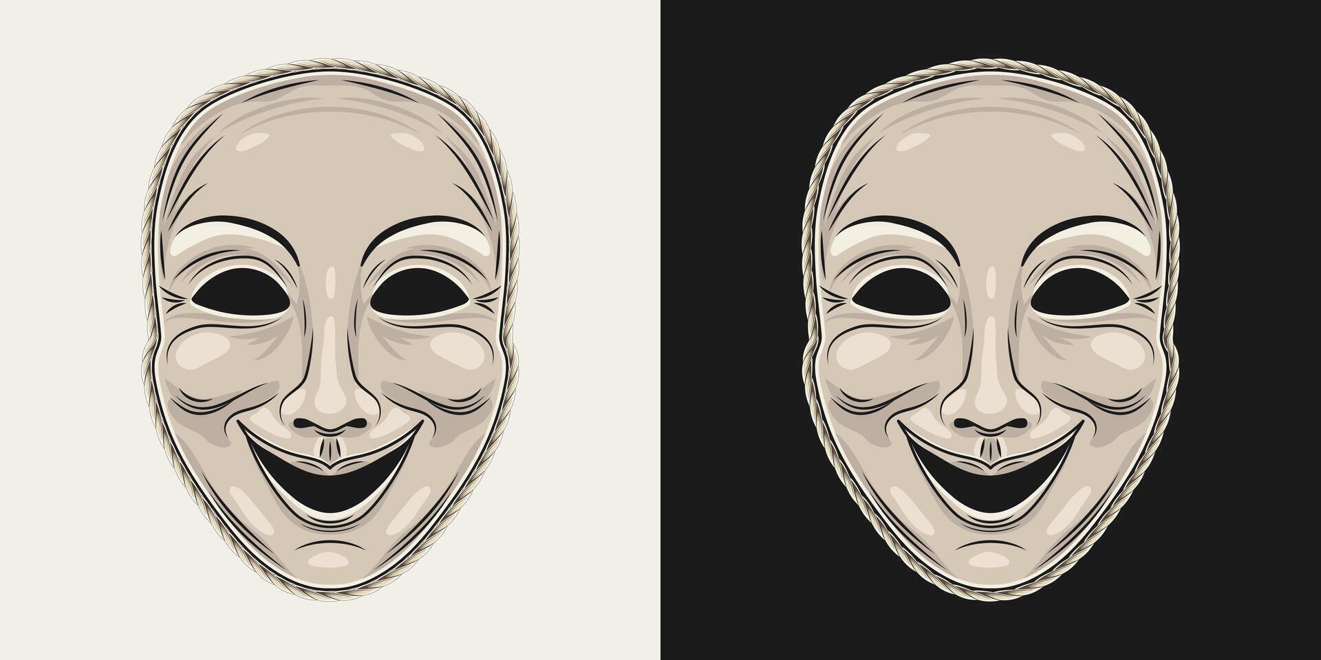 Theatrical comedy head mask. Laughing smiling face. Detailed illustration in vintage style. Front view. vector