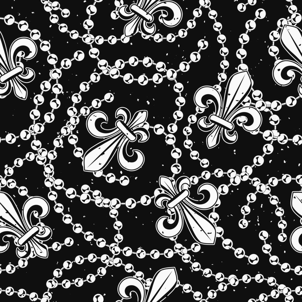 Seamless black and white pattern with fleur de lis, strings of beads on black background Mardi gras carnival design. Vintage illustration for prints, clothing, surface design vector