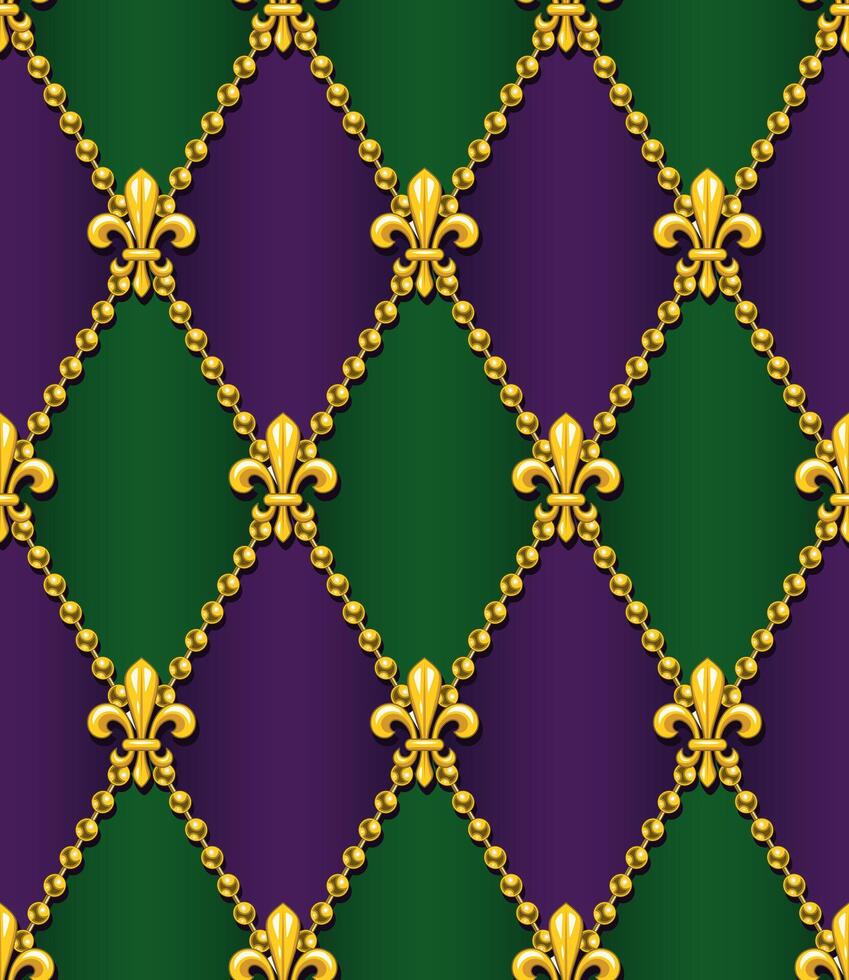 Geometric Mardi Gras pattern with yellow Fleur de lis symbol, strings of beads. Diagonal classic rhombus grid. Harlequin volumetric ornament. Vintage style. vector