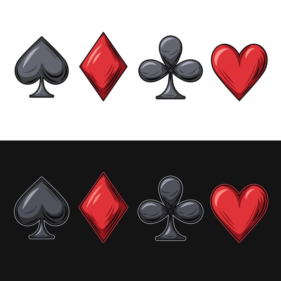 Colorful icons of playing card suits, clubs, diamonds, hearts, spades. Vintage style. vector
