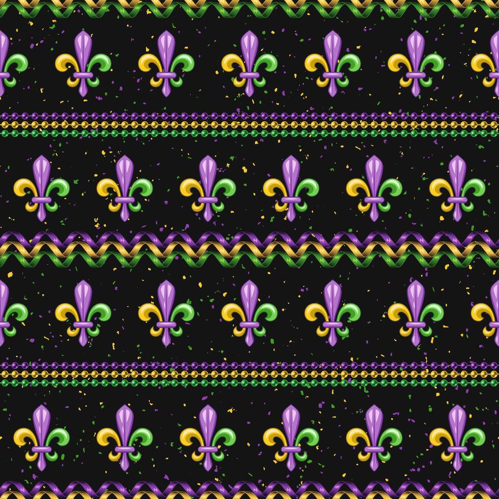 Mardi Gras seamless pattern with Fleur de Lis symbol, strings of beads, party streamers, spiral ribbons. Geometric pattern with horizontal stripes on textured black background. Not AI vector