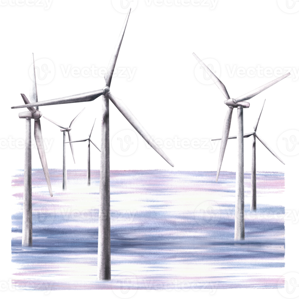 Offshore wind farm at sea or in the ocean. Wind turbine park. Windmills power energy. Watercolor hand drawn illustration. Clipart for your alternative energy project, ecology isolated from background png