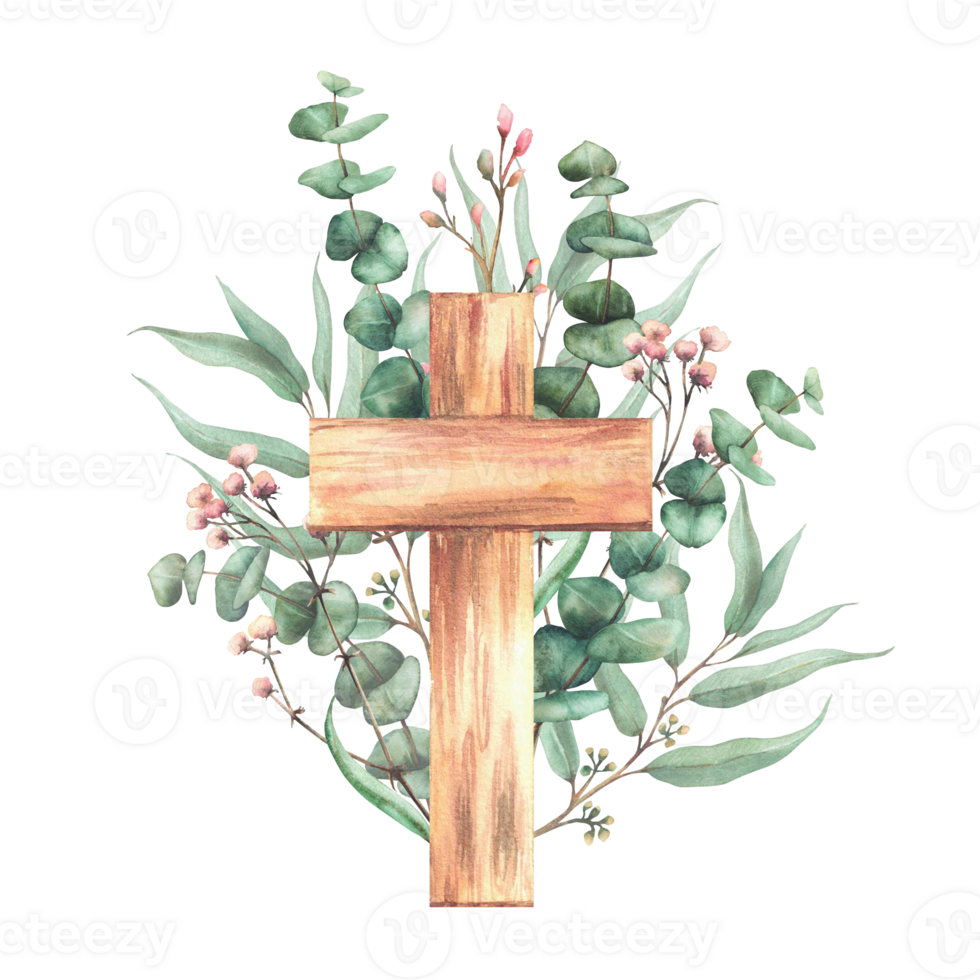 Wooden cross with Eucalyptus plant green branches and small pink flowers twig. Christian Religion Watercolor hand drawn illustration for first communion, baptism, Easter card Isolated from background png