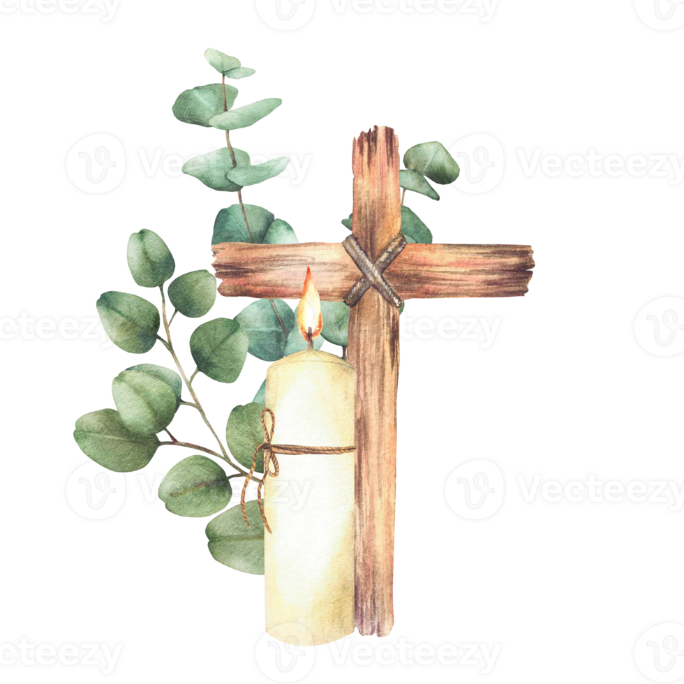 Burning candle with Cross tied with a rope against the background of Eucalyptus plant green branches. Religious Watercolor isolated hand drawn illustration for first communion, baptism, Easter png