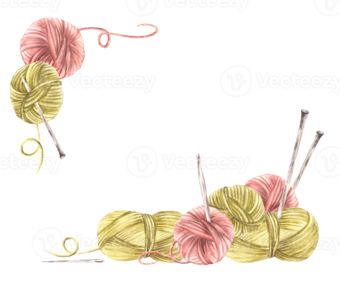 Balls of yarn threads banner Watercolor hand drawn illustration. Realistic green, pink skeins of string with knitting needles. Hobby knitting, handicrafts card, label template isolated from background png