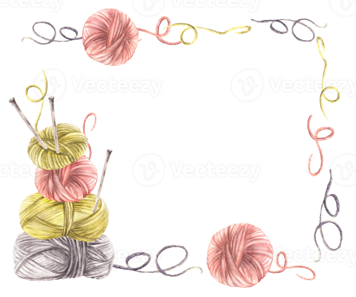 Balls of yarn threads in different color banner, label template. Watercolor hand drawn illustration. Skeins of string with knitting needles. Hobby knitting, handicrafts card isolated from background png