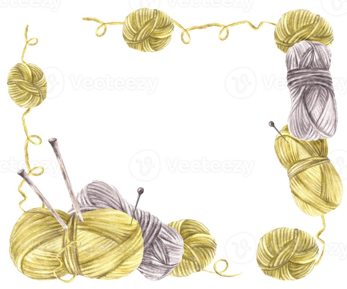 Different skeins of yarn and wooden knitting needles banner. Grey, green yarn balls, crochet hook, pins frame template. Watercolor hand drawn illustration for hobby needlework Isolated from background png