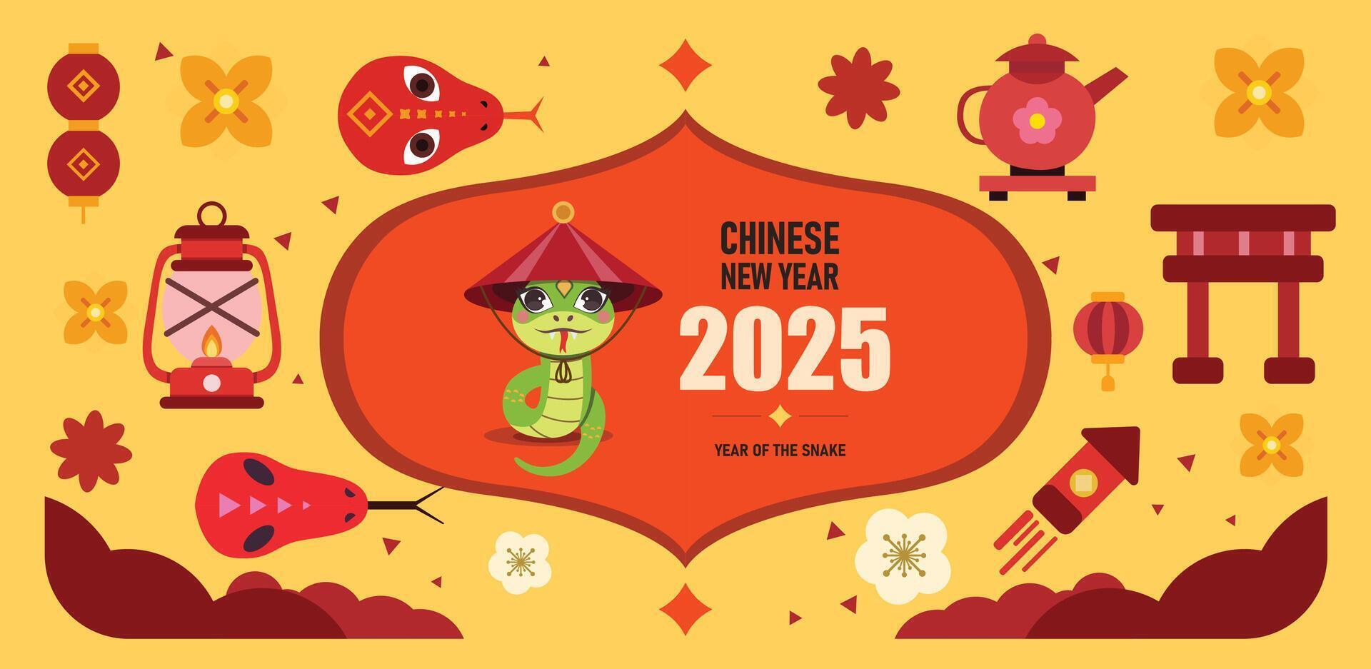 Happy New Year 2025, Chinese New Year, Year of the Snake lunar New Year elements. Colorful illustration in flat cartoon style, in geometric patterns vector