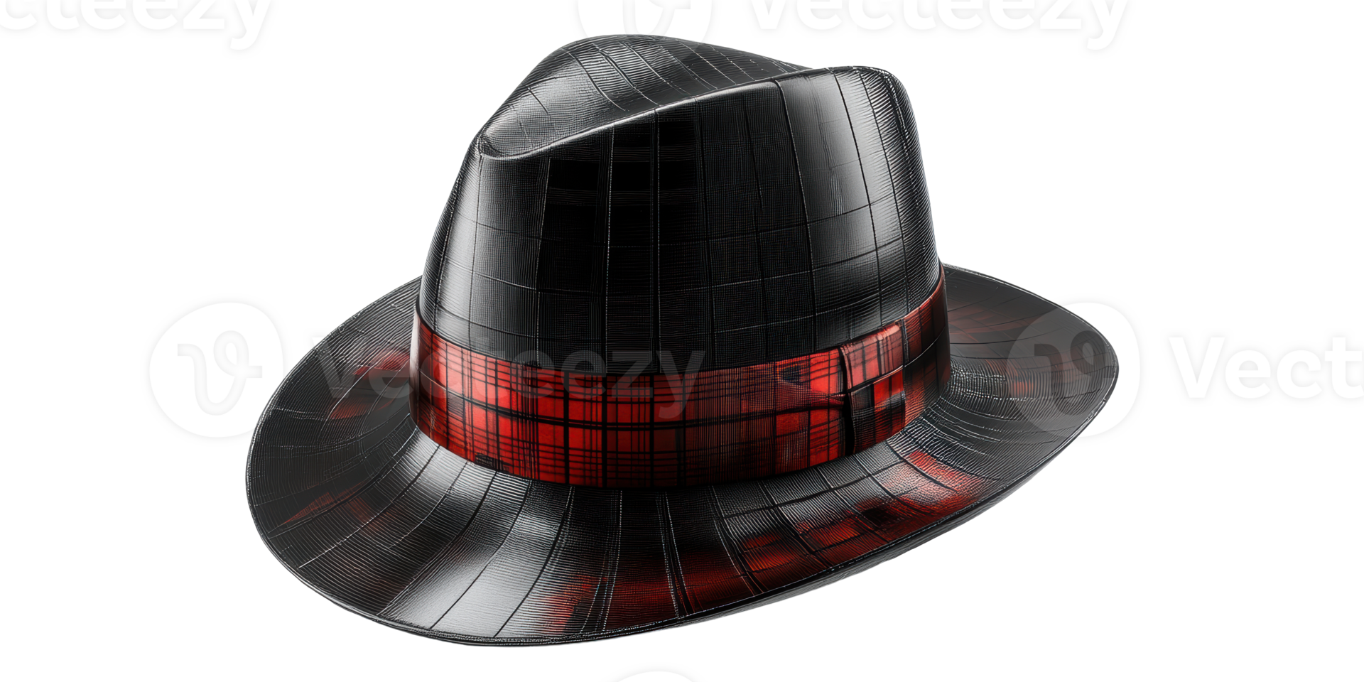 Black Fedora Hat with Red Plaid Band Isolated on Transparent Background. png