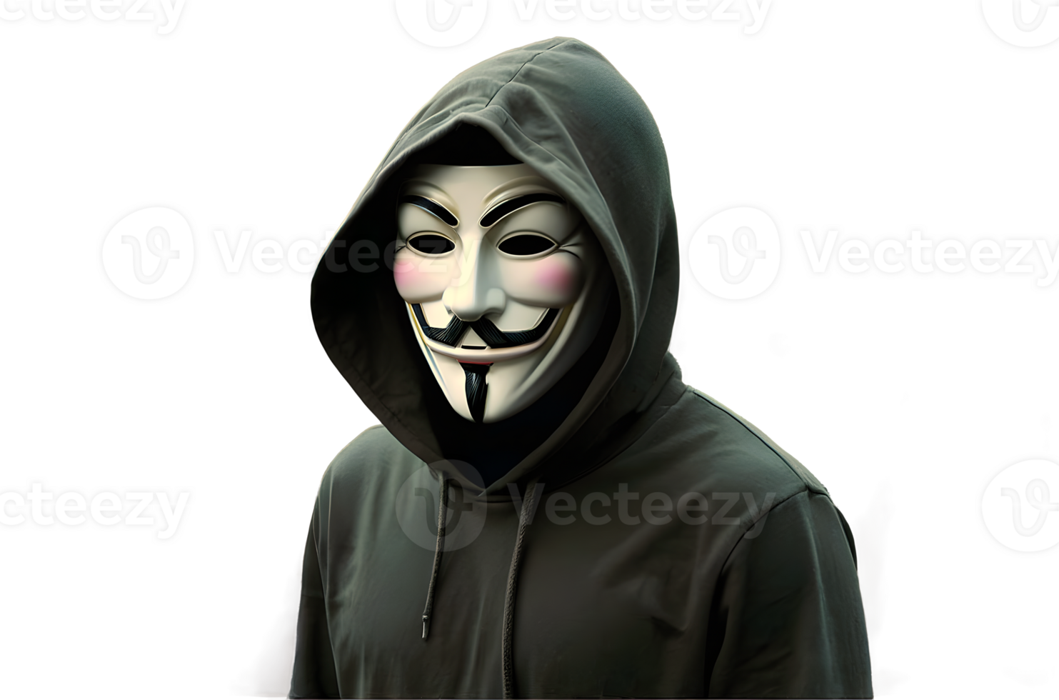 Hacker man in black hoodie wearing vendetta mask, hacker, anonymous, person isolated on transparent background png