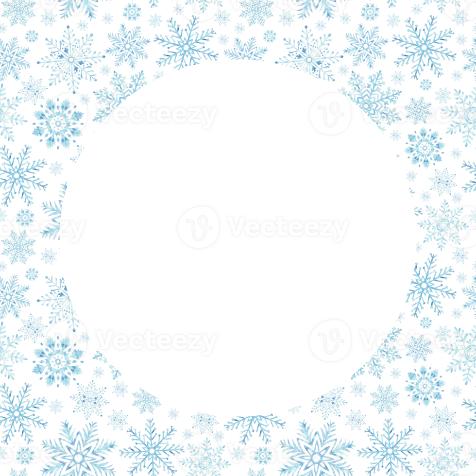Snowflakes template postcard with copy space. For Christmas or New Year's design. Hand drawn watercolor illustration isolated. Winter holiday frame for card, website, wrapping, sale. png