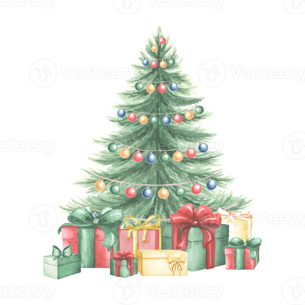 Christmas tree and gift boxes tied ribbon bows. Hand drawn watercolor illustration isolated. Holiday composition of festive wrapping presents. Winter holiday template for card, sticker, textile, print png