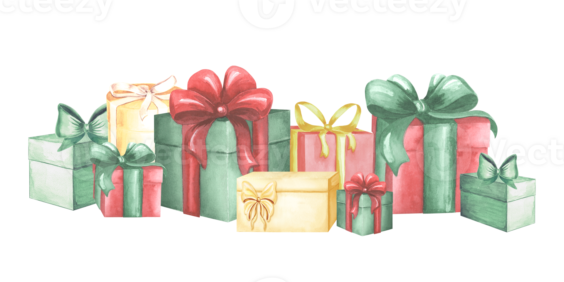 Gift boxes tied ribbon bows of various colors. Hand drawn watercolor illustration isolated. Holiday composition. Christmas or birthay wrapping presents. Clipart for postcard, sticker, textile, print. png