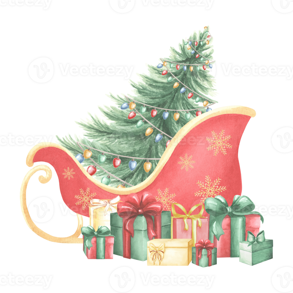 Christmas tree with garland in sleigh and a gift boxes. Santa Claus carriage with snowflakes pattern. Hand drawn watercolor illustration isolated. Clipart of transport for postcard, wrapping, sticker. png