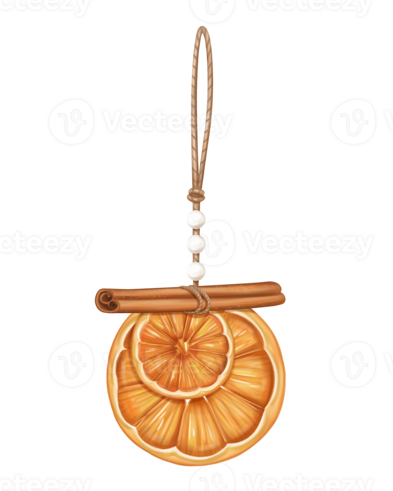 Hand drawn winter handmade decorations from recyclable material. Dried orange slice, cinnamon eco-friendly Christmas tree toys. Sustainable xmas tree. Xmas greeting design. Isolated illustration png