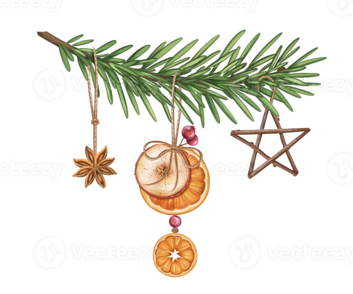 Branches of fir, spruce with eco friendly Christmas tree of recyclable material. Hand drawn winter handmade decorations. Sustainable Xmas, zero waste celebrate. Greeting design. Isolated illustration png