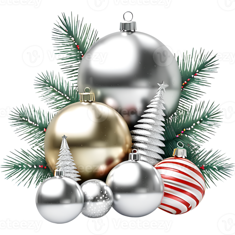 Christmas decorations, ornaments, and fir branches png