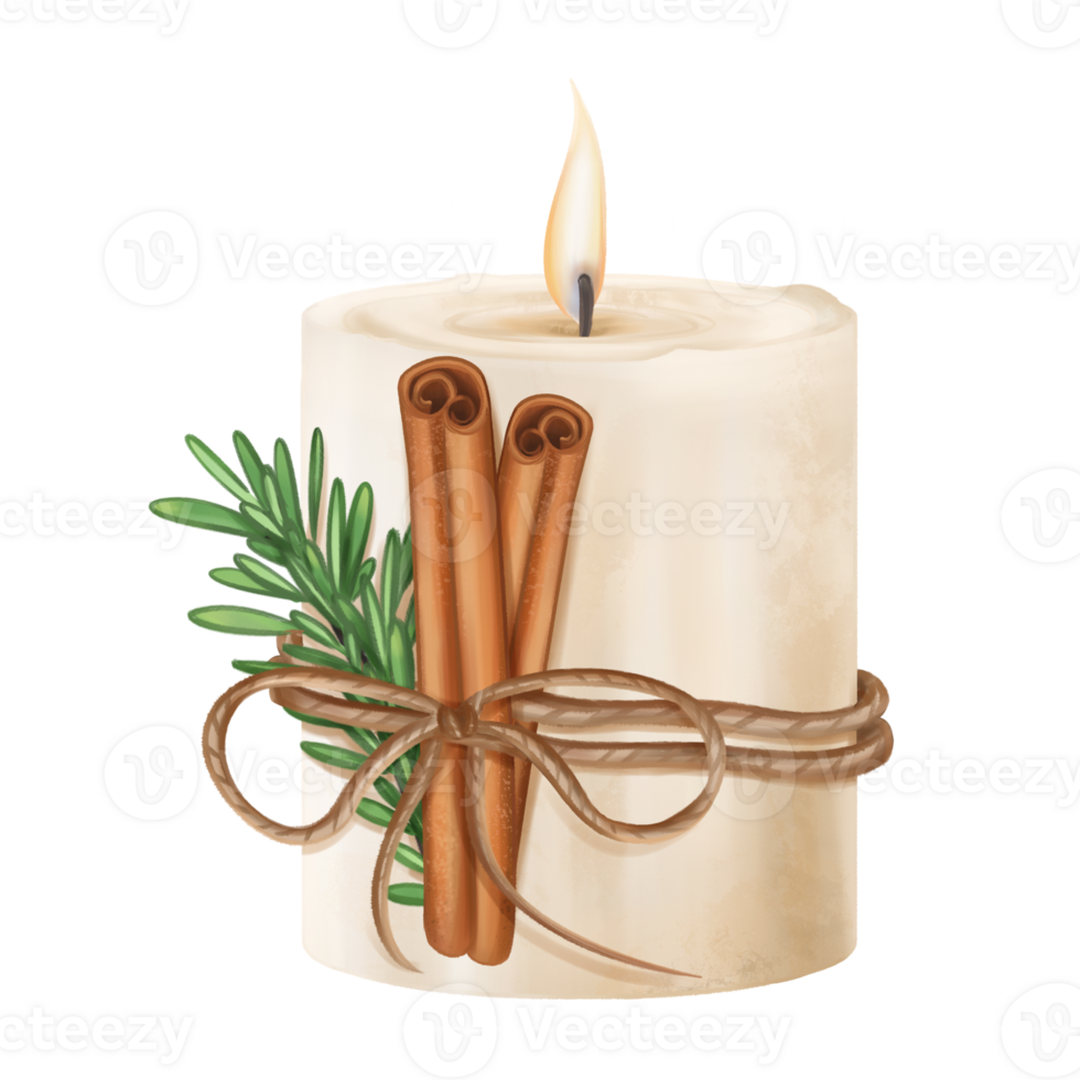A candle decorated with cinnamon and fir twig. Sustainable Christmas tree, natural recyclable material, organic cozy winter home decor, traditional gift. Zero waste celebration. Isolated illustration png