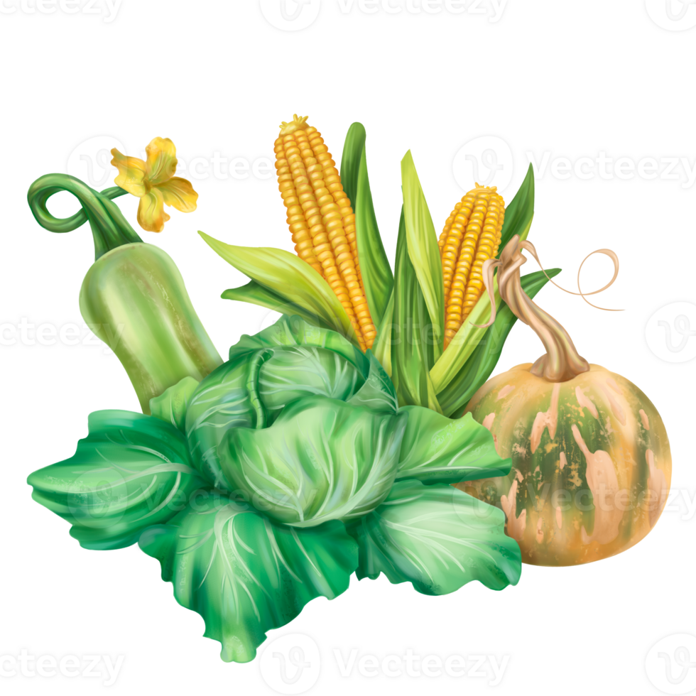 Cabbage corn squash pumpkin, sustainable gardening, farming, cultivation. Health nutrition, care of nature. Organic vegetable seasonal food. Garden plants agriculture. Isolated illustration png
