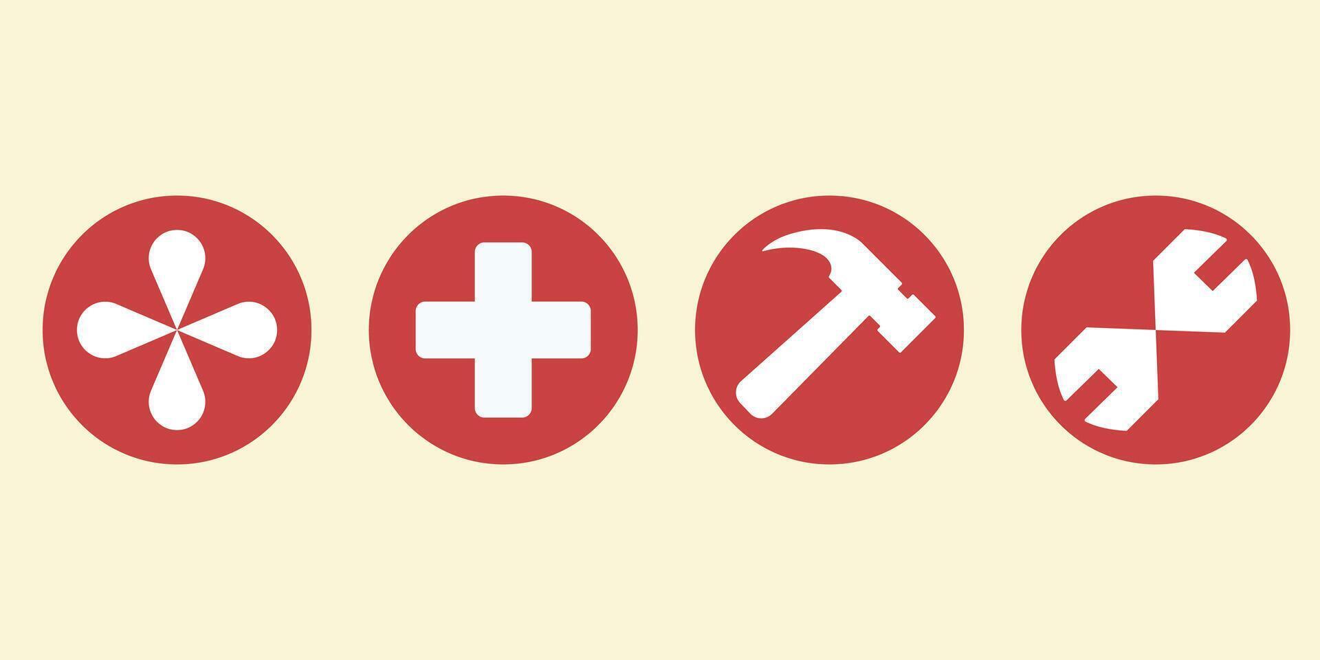 A set of four icons that include a hammer, wrench, and a cross vector