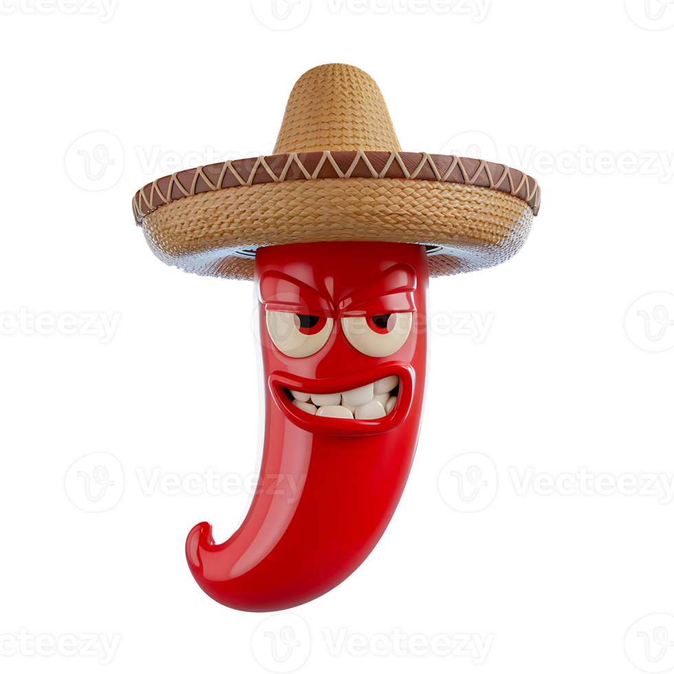 3D Render of a Stylized Red Chili Pepper Character with Sombrero Hat Fun and Bold Cartoon Design png