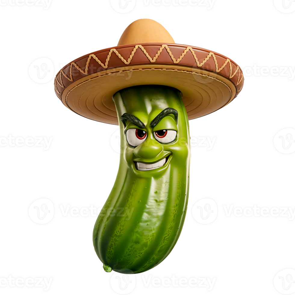 3D Render of a Stylized Green Cucumber Character with Sombrero Hat Fun and Playful Cartoon Design png