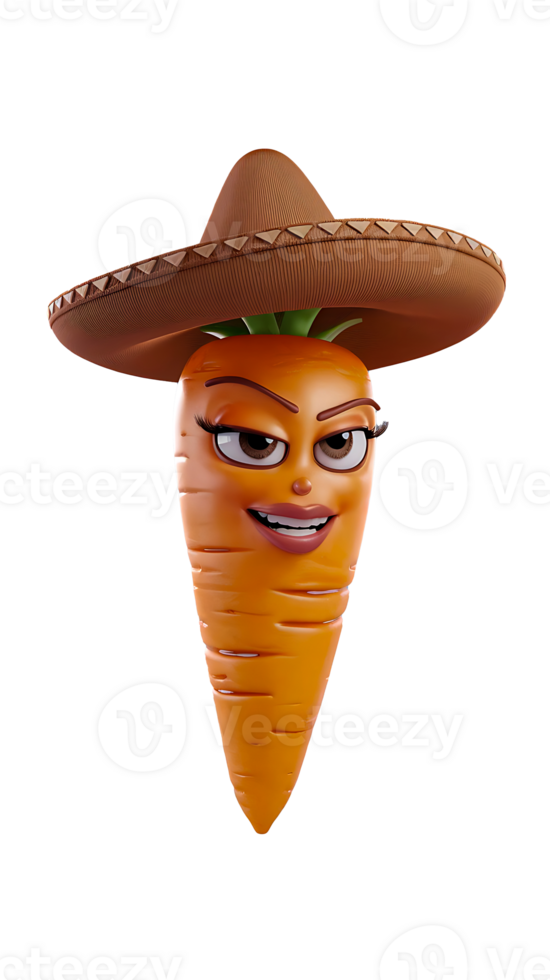 3D Render of a Stylized Orange Carrot Female Character with Sombrero Hat Fun and Playful Cartoon Design png