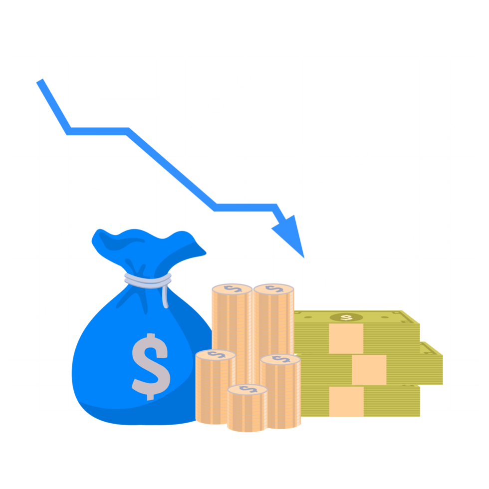 The illustration shows a graph with money, a dollar sign and a bag png