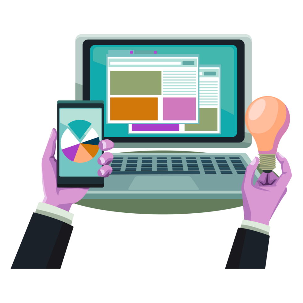 A person holding a smartphone and laptop with a light bulb png