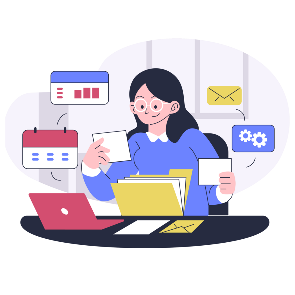 A woman is working at her desk with a laptop and a folder png