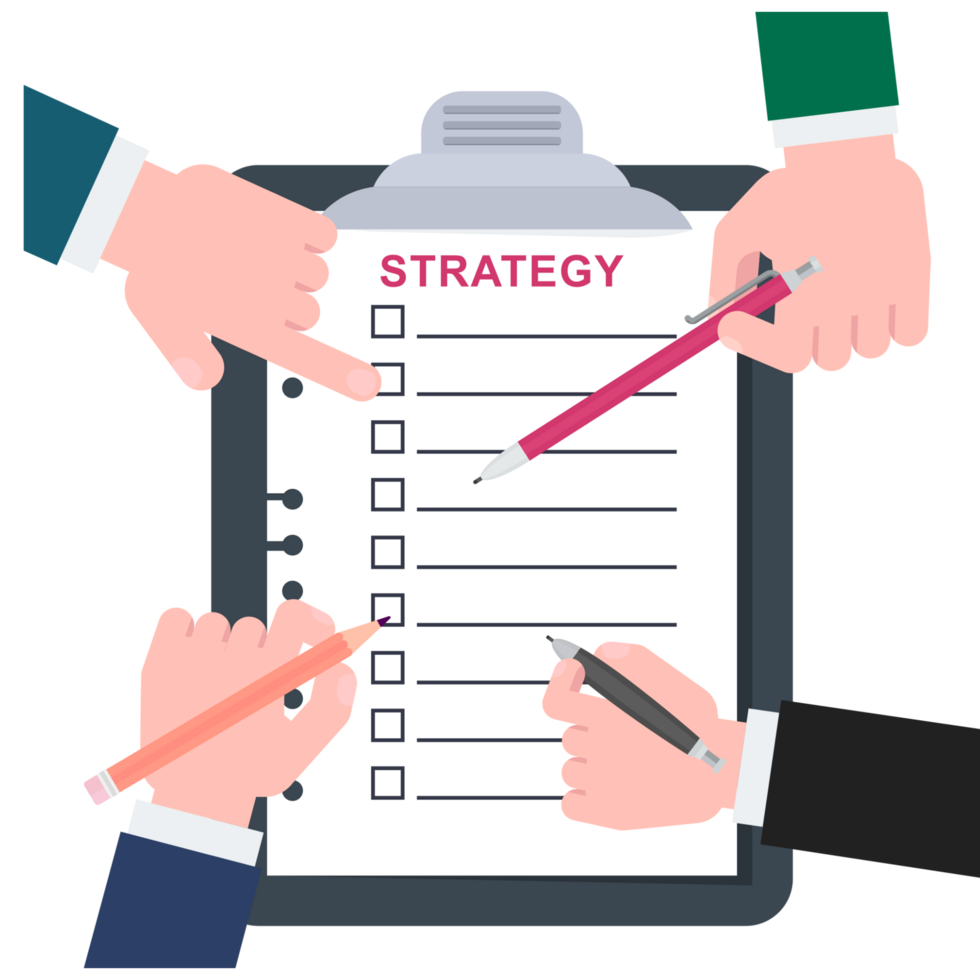 Business people holding a clipboard with a list of strategy png