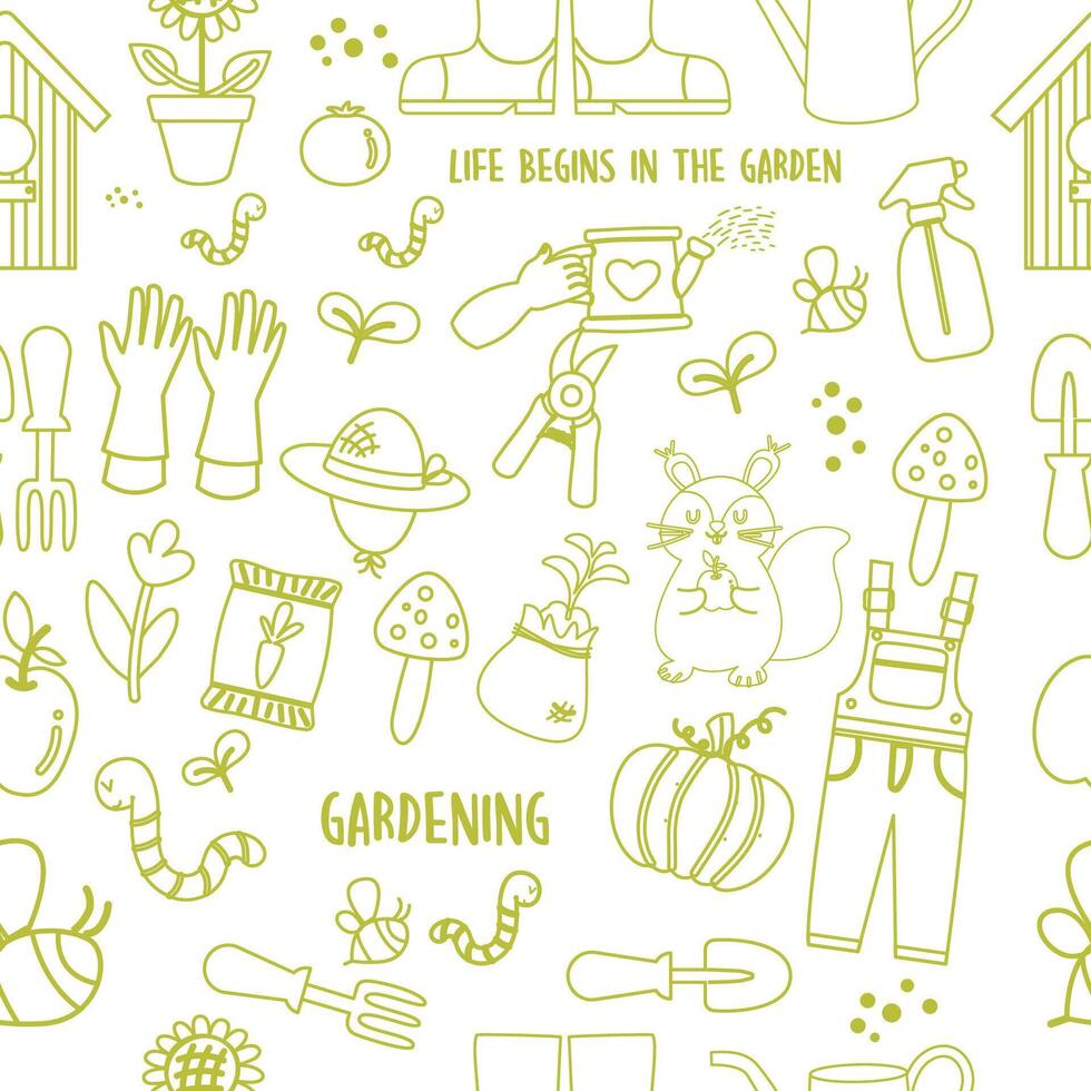 Seamless green outline pattern garden hand drawn vector