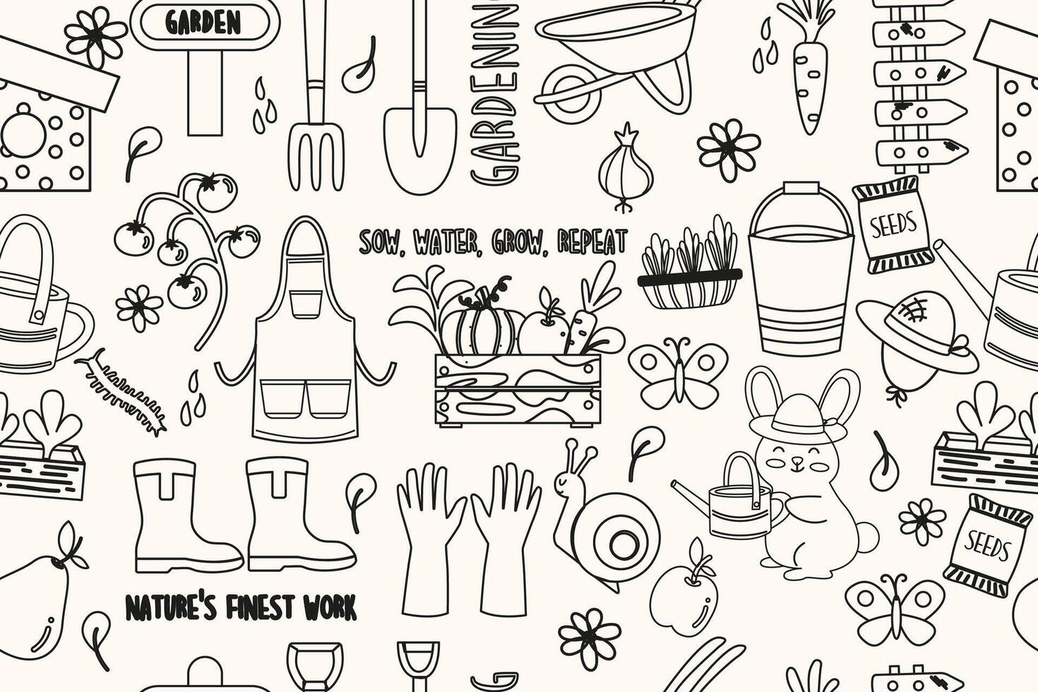 Seamless outline pattern garden hand drawn vector