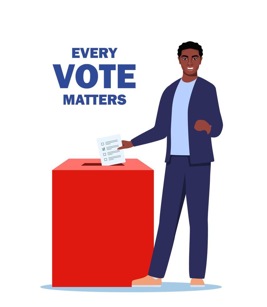 Black man putting vote paper into Election Box. Every vote matters. Illustration. vector