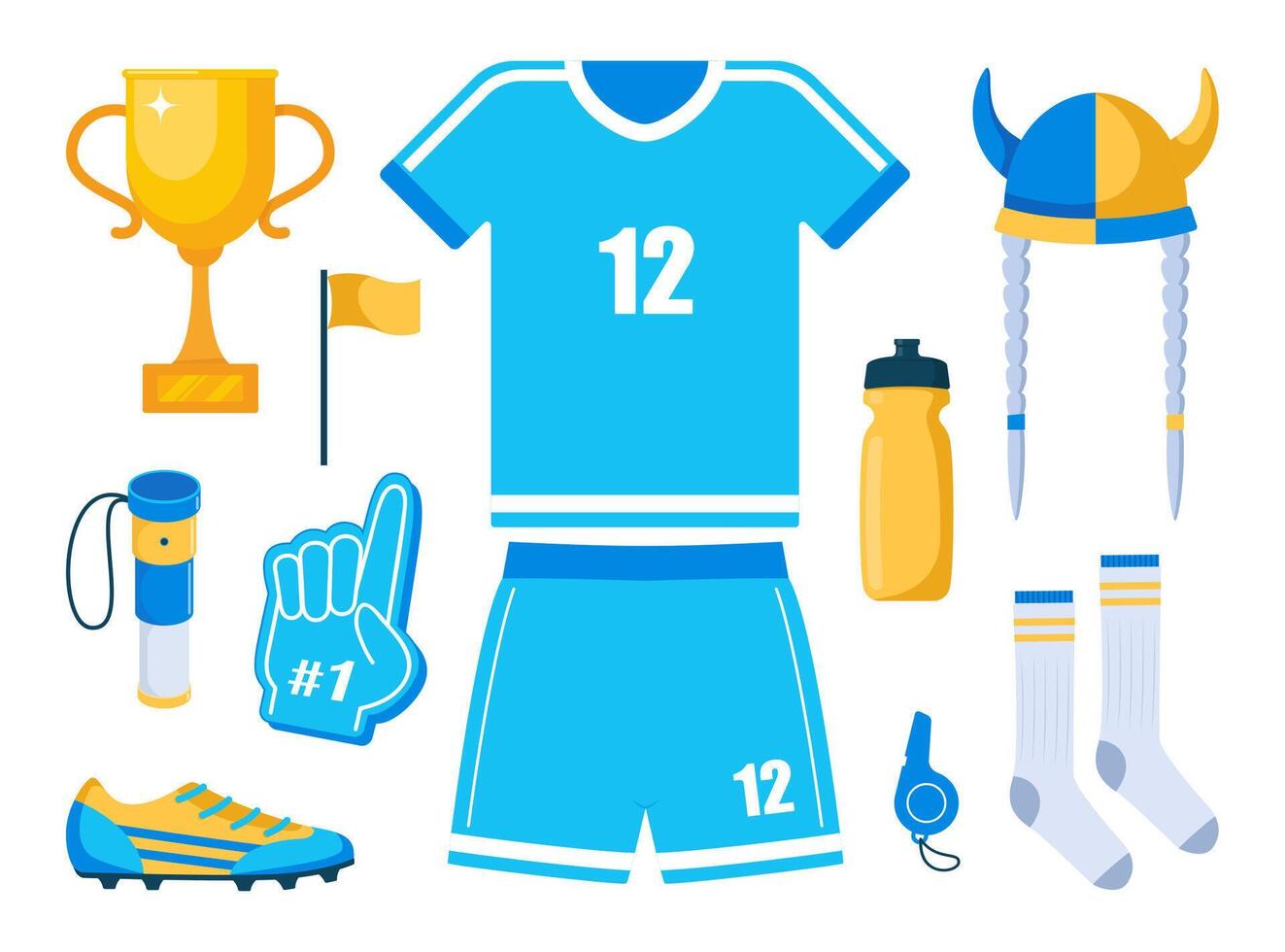 Football game and fan attributes. Soccer cheer accessories. Football match, competition, championship. Set of elements for soccer, football sport event. illustration. vector